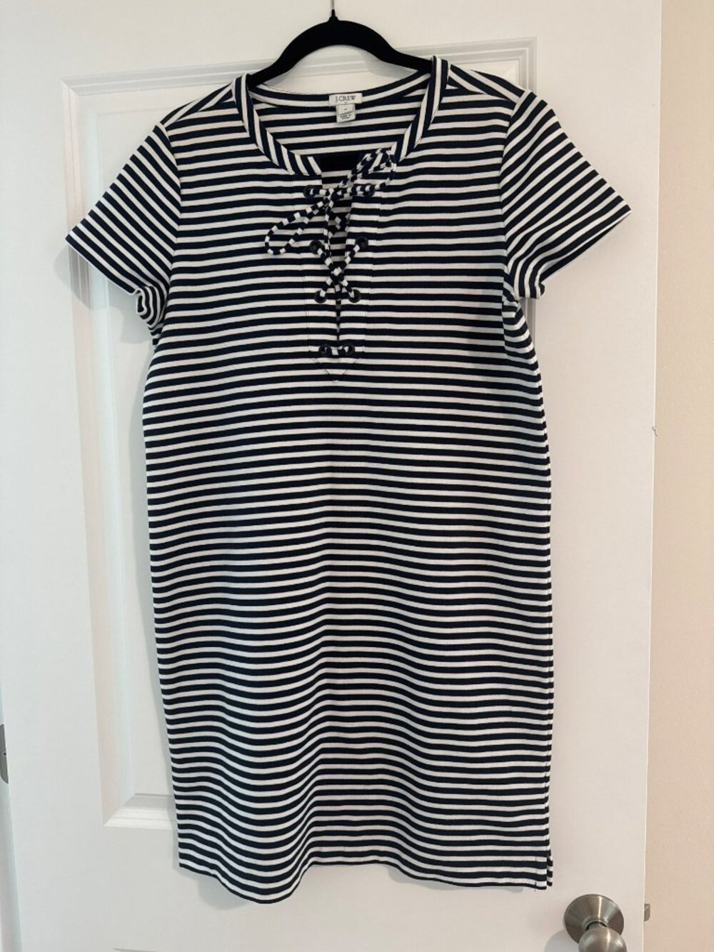 J.Crew Navy White Striped Lace-Up Knit Dress Size Medium Short Sleeve Nautical